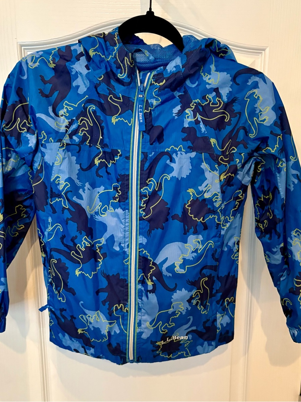L.L. Bean Kids Blue Dinosaur Hooded Rain Jacket size 8